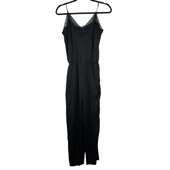 Maje Paulie Lace Trimmed Satin Jumpsuit Black Size 2 Medium Whimsigoth Romantic - Picture 1 of 7